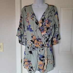 Umgee Light Green Floral Wrap Romper With Tassel Flutter Sleeve Size Medium